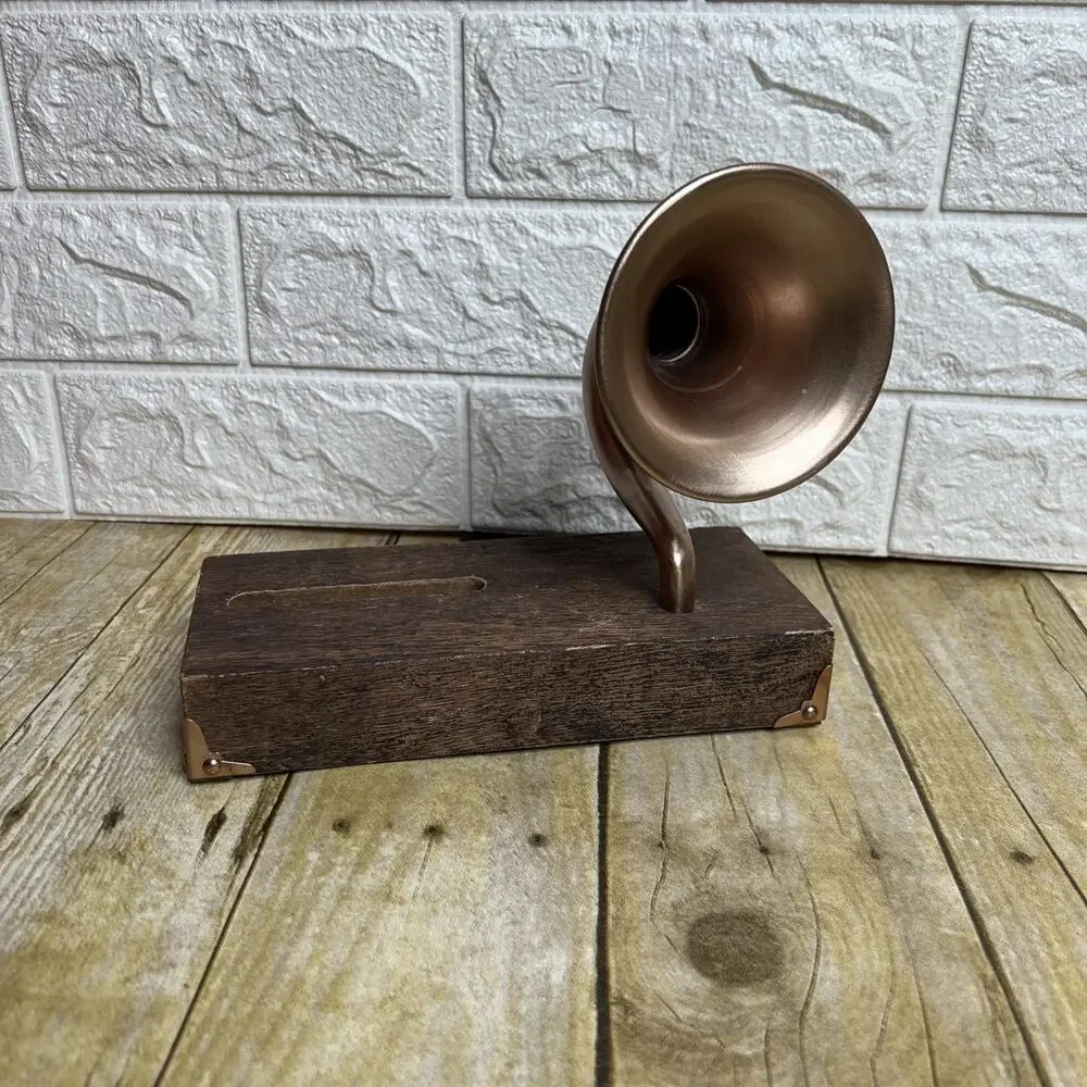 Wooden Smartphone Dock with Vintage Sound Amplifier, Brass Corners